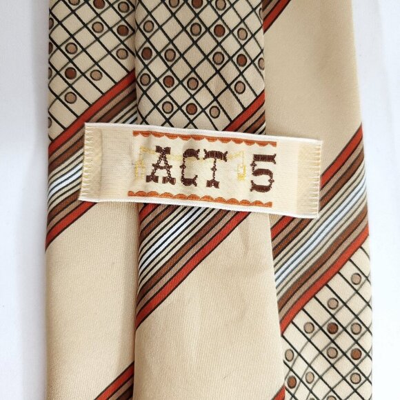 Striped Tie Necktie Geometric Checked Dots Circles Tan Brown Red Vintage 70s - Picture 3 of 5